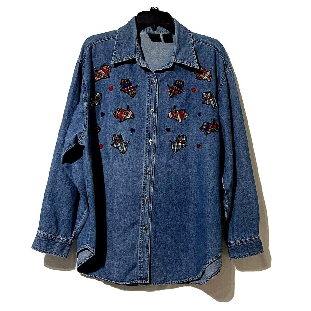 Quizz Woman & Co. Size 20 100% Cotton Denim Gingham Embroidered Scotty Dog Shirt